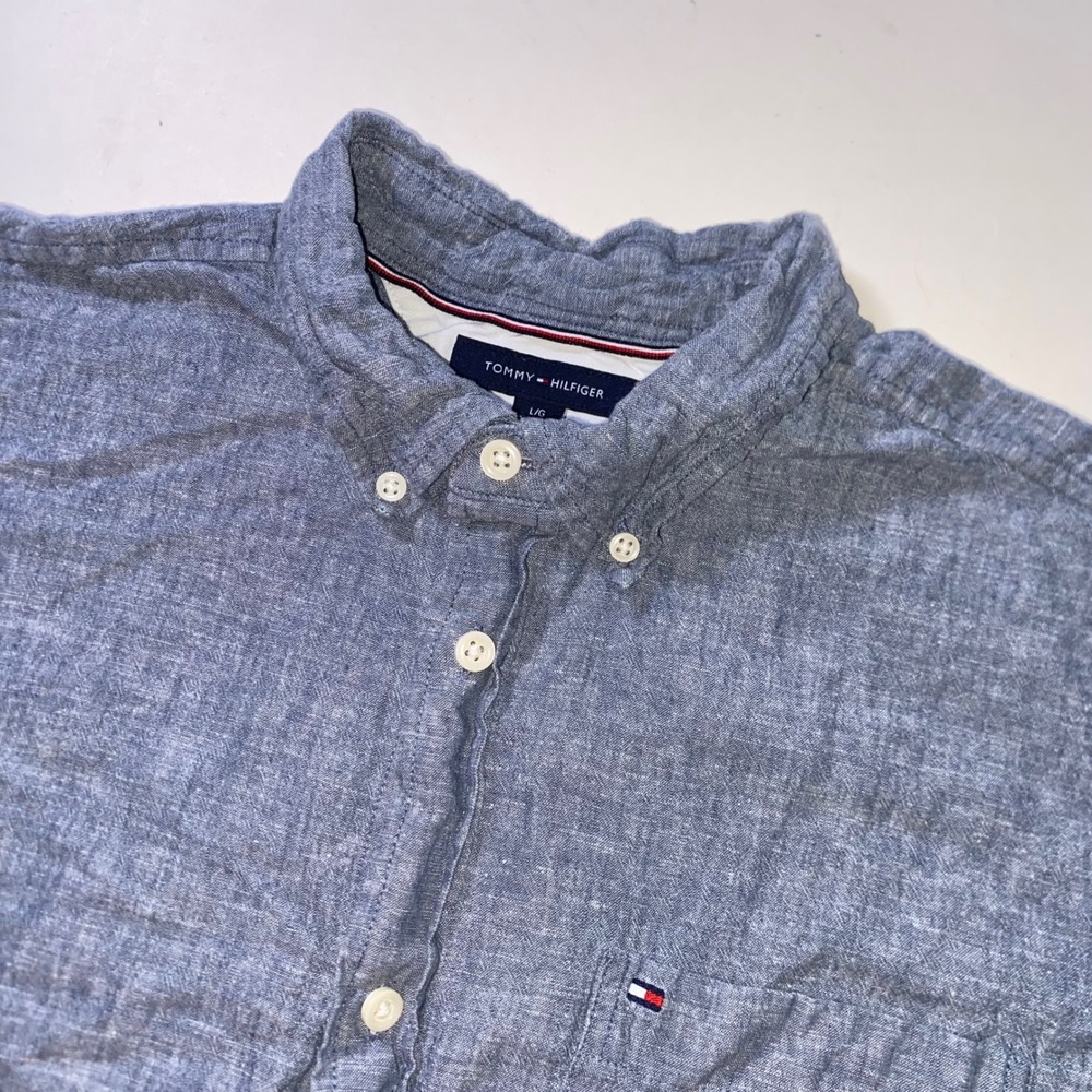 Tommy Hilfiger Mens Blue Linen Cotton Short Sleeve Button Down Shirt Large B221